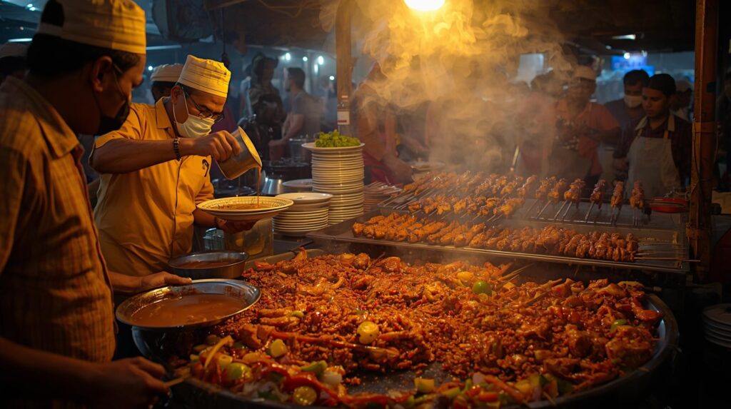 Chefs cooking sizzling meat and kebabs at a busy best Lahore food street