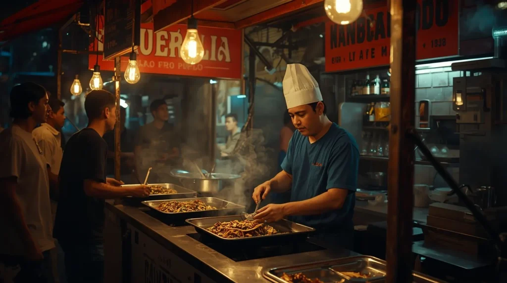 Street food vendor in Mexico City preparing tacos at a local night market stall, showcasing authentic Mexican street food culture and vibrant urban dining scene.