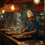 Street food vendor in Mexico City preparing tacos at a local night market stall, showcasing authentic Mexican street food culture and vibrant urban dining scene.