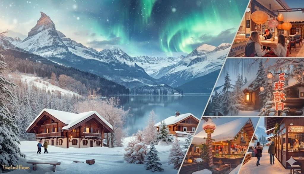 Snowy landscapes and cozy winter scenes from the best countries to visit in winters, including Switzerland, Japan, Canada, and Germany