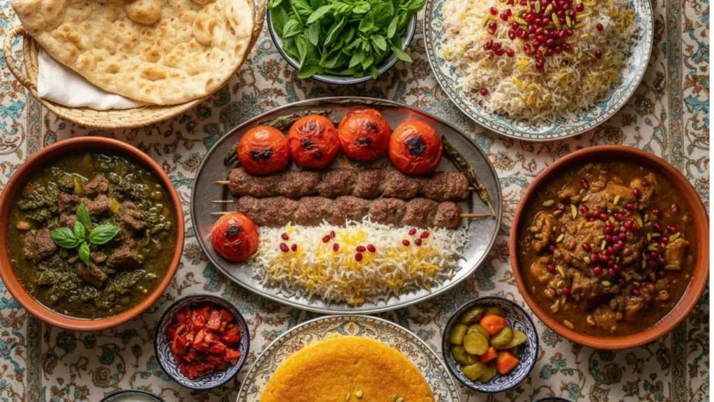 Traditional Persian food spread with saffron rice, kebabs, and stews – best Persian food you must try in Iran