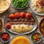 Traditional Persian food spread with saffron rice, kebabs, and stews – best Persian food you must try in Iran