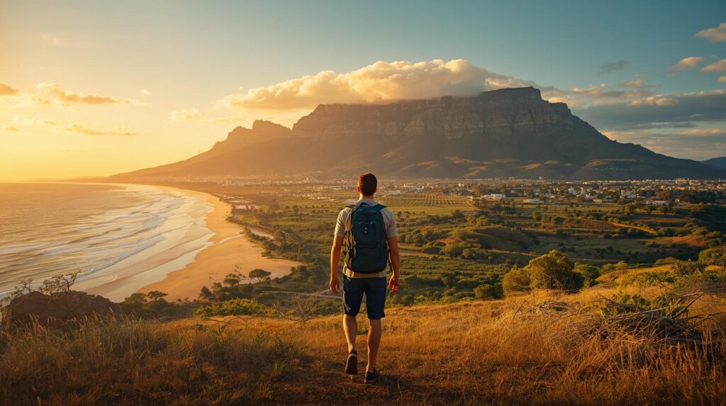 Traveler admiring sunset view over Table Mountain, vineyards, and African wildlife in South Africa