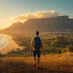 Traveler admiring sunset view over Table Mountain, vineyards, and African wildlife in South Africa