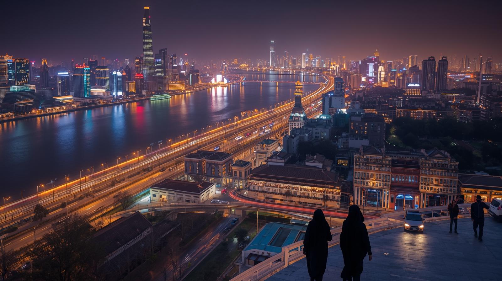 Nighttime view of Beijing city skyline with illuminated skyscrapers, bustling streets, and vibrant neon lights showcasing life in modern China