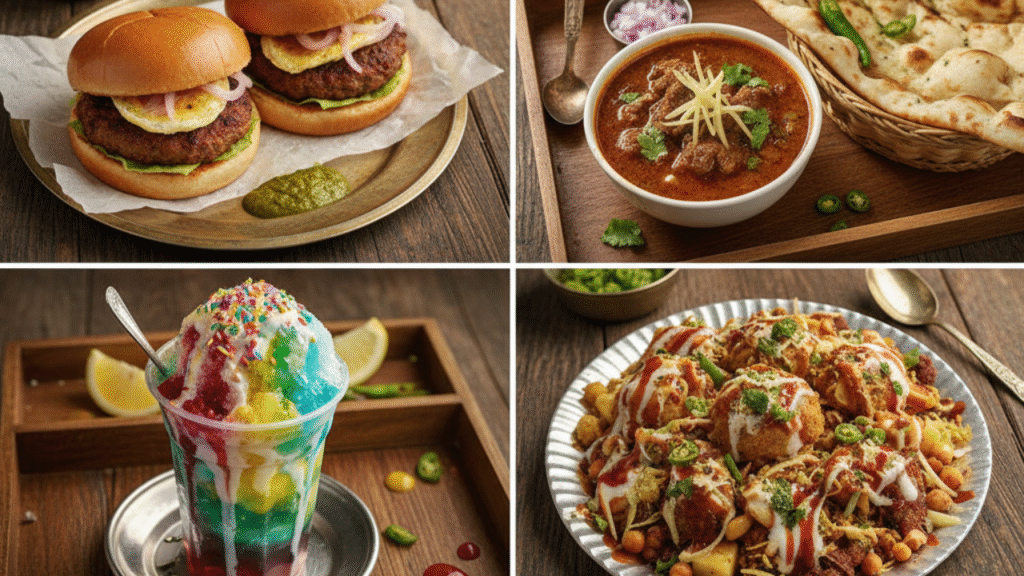 Top-down view of the best street food in Karachi featuring bun kebabs, nihari, chaat, gola ganda, and spicy kebabs served in local style dishes.