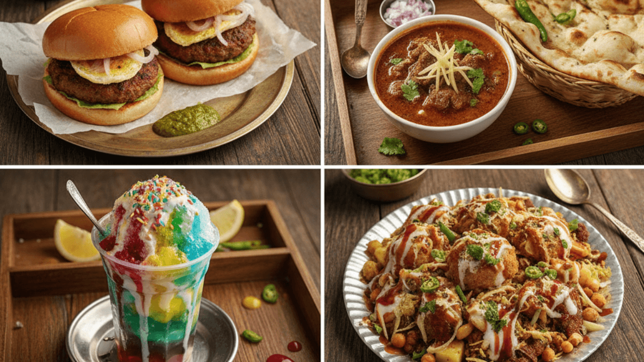 Top-down view of the best street food in Karachi featuring bun kebabs, nihari, chaat, gola ganda, and spicy kebabs served in local style dishes.