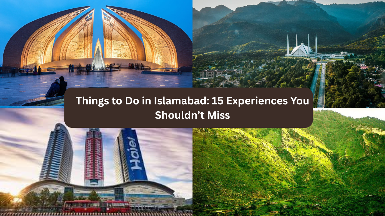 Scenic view of Islamabad city with Margalla Hills and Faisal Mosque at sunset showcasing top things to do in Islamabad