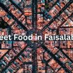 A realistic morning scene of street food in Faisalabad near the historic Ghanta Ghar clock tower.