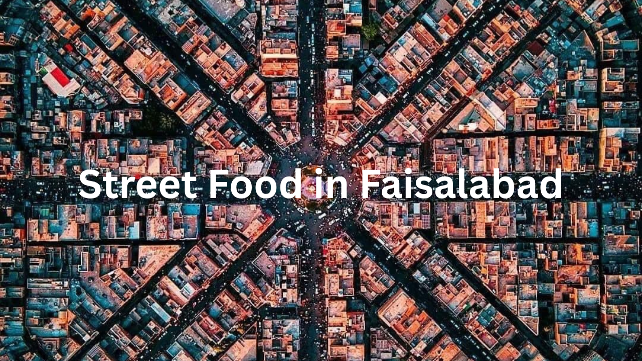 A realistic morning scene of street food in Faisalabad near the historic Ghanta Ghar clock tower.