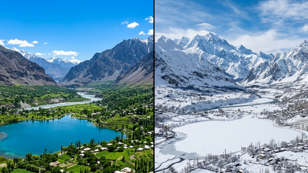 Skardu in summer vs winter comparison green valley and snow covered mountains