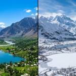 Skardu in summer vs winter comparison green valley and snow covered mountains