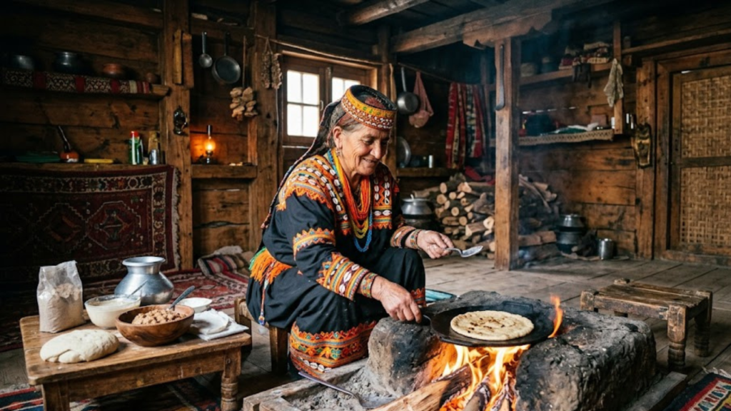 Kalash Valley food traditional bread being prepared over fire in Bumburet Valley Chitral