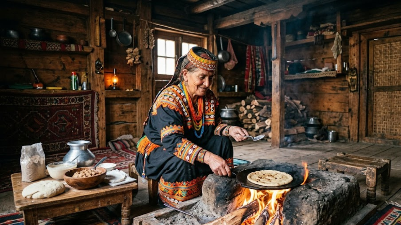 Kalash Valley food traditional bread being prepared over fire in Bumburet Valley Chitral